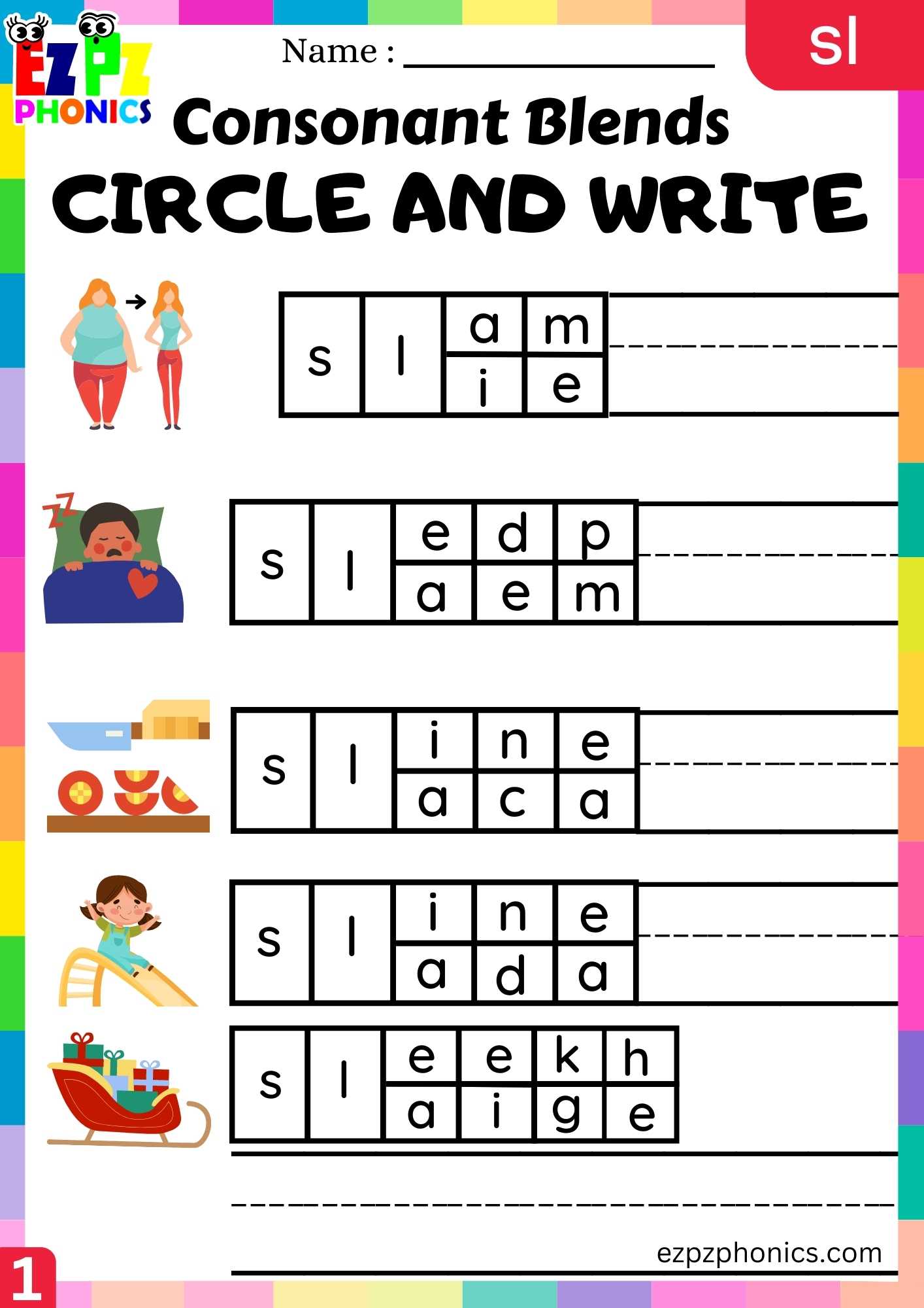 Group1 SL Words Circle And Write Phonics Consonant Blends Worksheet